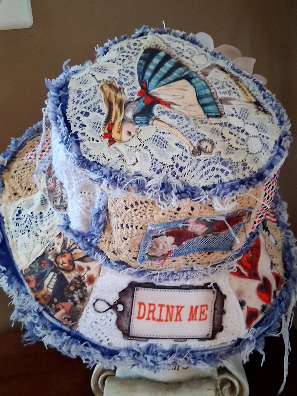 Boho Patchwork Denim Floral Accent Sun Hat with Pink and White Flowers